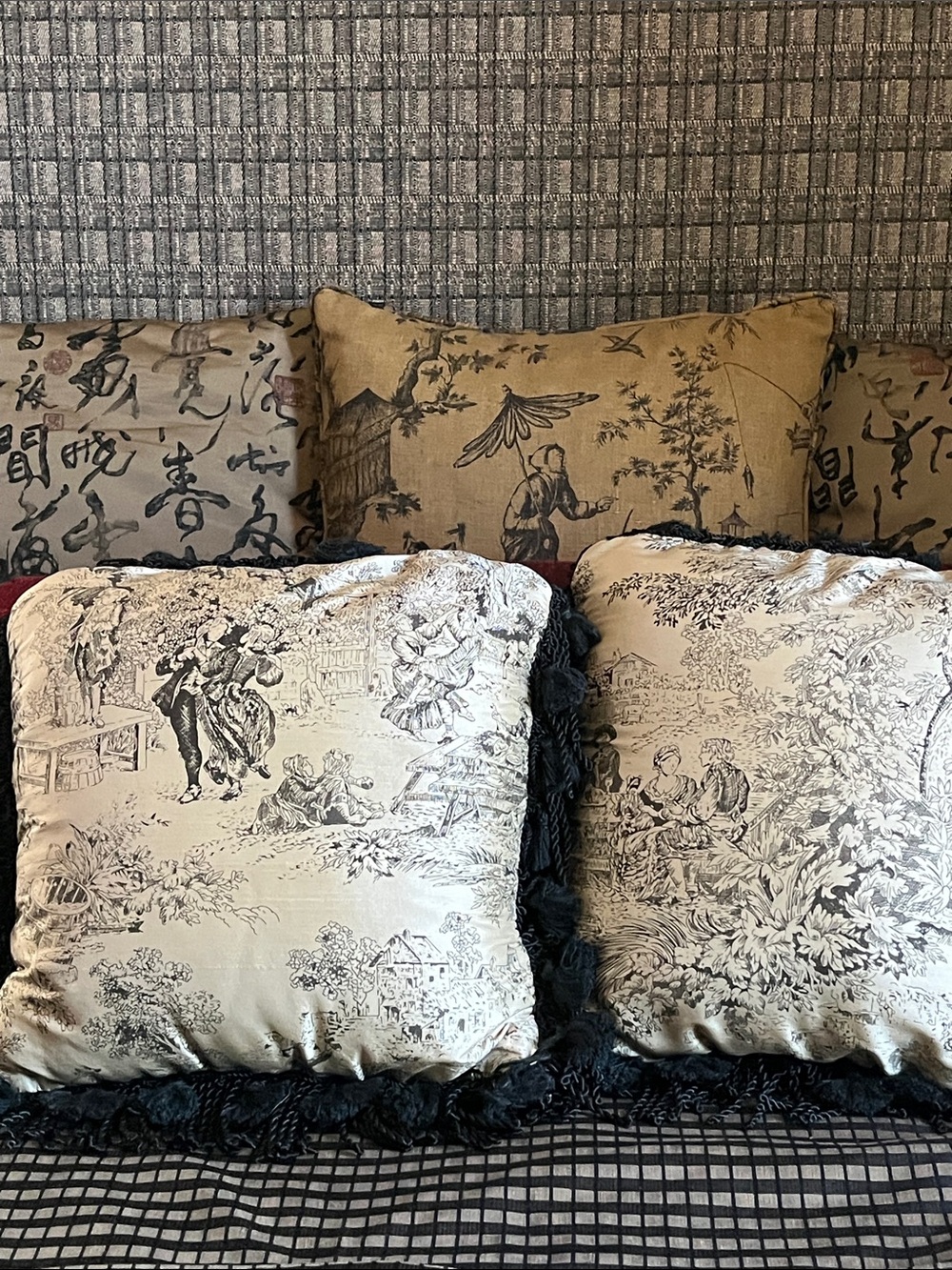 2 Vintage Silk Toile Throw Pillows Velvet Back Fringe Trim NWOT